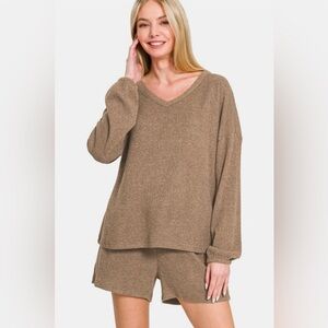 Zenana V-Neck Long Sleeve Ribbed Top and Shorts Set 10010002190